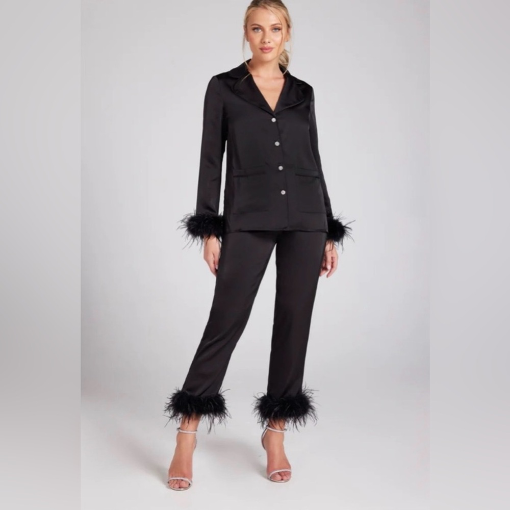 NADINE MERABI DARCIE Luxury Black Feathered Pijamas Set